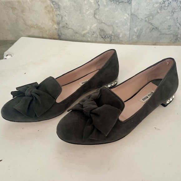 Miu Miu Grey Suede Flats Loafers, rhinestone and bow accent - Picture 5 of 5